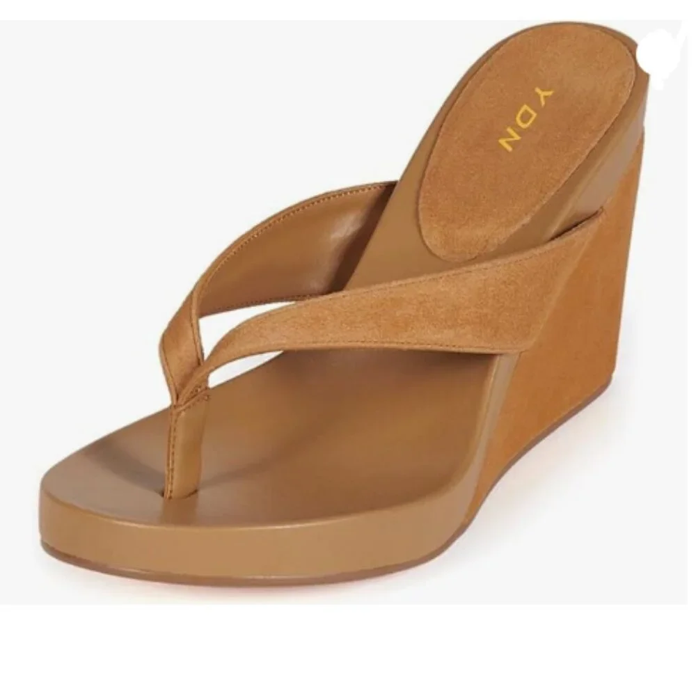YDN Sandy Brown Wedge Heel Flip Flops Sandals Open Toe High Heels Slip On Shoes